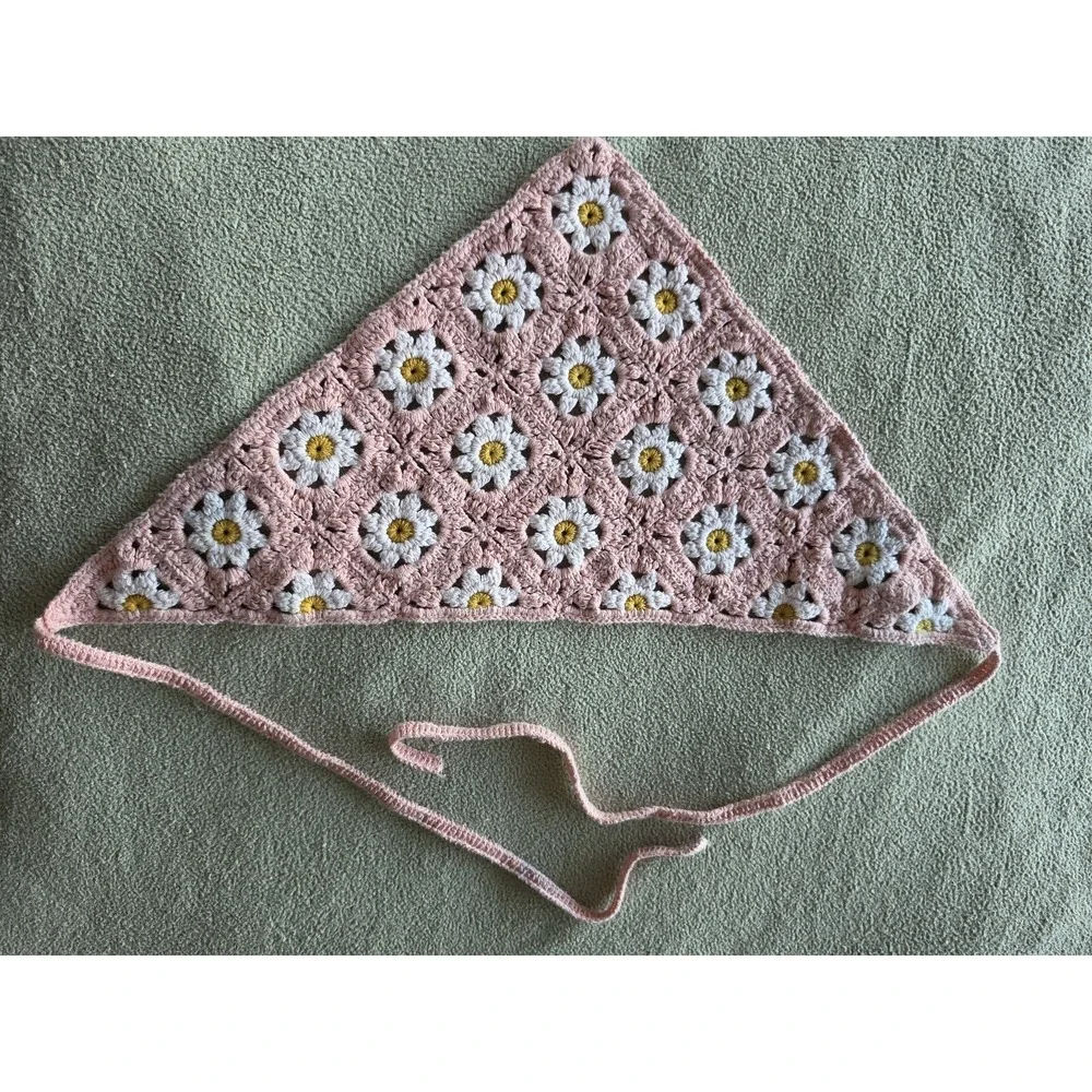 Floral Head Scarf Pink White Yellow Boho Women Crochet